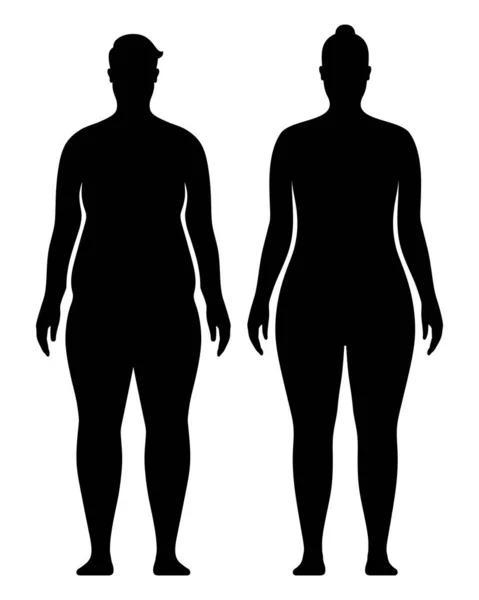 Överviktig manlig och kvinnlig kropp, svart siluett vektor illustration, isolerad på bakgrunden. — Stock vektor
