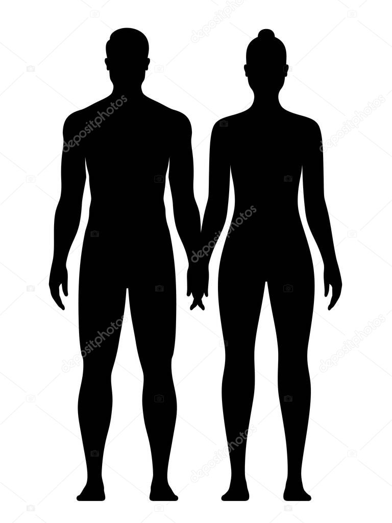 Naked man and woman holding each others hands. Young couple black silhouette vector illustration.