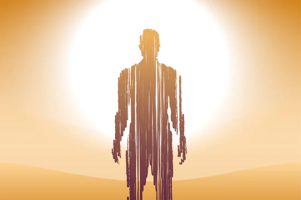 Ilustração surrealista do vetor do conceito com um homem que está no deserto, na frente de um sol brilhante — Vetor de Stock