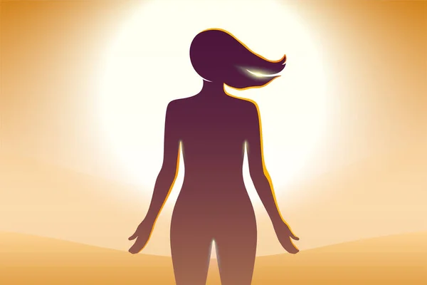 Vacker naken kvinna, avkopplande framför ljus sol, på en öken landskap bakgrund. — Stock vektor