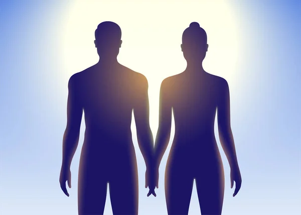 Νεαρό ζευγάρι κρατώντας ο ένας τον άλλο τα χέρια και κοιτάζοντας λαμπερό ήλιο σε ένα μπλε φόντο του ουρανού. — Διανυσματικό Αρχείο