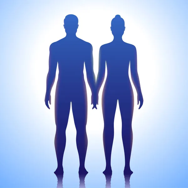 Unga par som håller varandra i händerna, stående på en klarblå bakgrund, vektor illustration. — Stock vektor