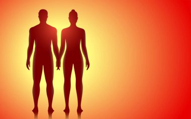 Genç çift el ele tutuşuyor, parlak bir arka plan üzerinde duruyorlar, konsept vektör çizimi