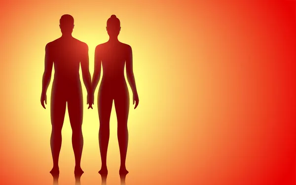 Νεαρό ζευγάρι κρατώντας ο ένας τον άλλο χέρια, στέκεται σε ένα φωτεινό φόντο, έννοια διανυσματική απεικόνιση — Διανυσματικό Αρχείο