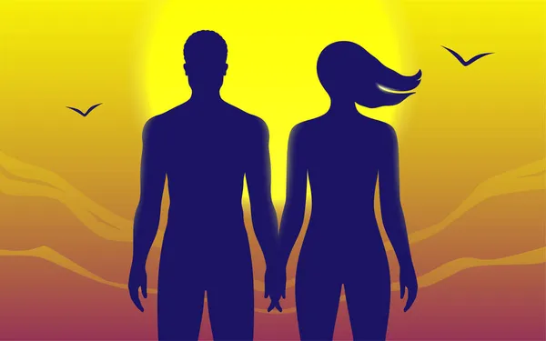 Par som håller varandra i handen på en solnedgång bakgrund. Adam och Eva koncept vektor illustration. — Stock vektor