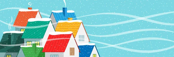 Чарівне зимове село з різнокольоровими маленькими будинками на сніжному тлі. Векторні ілюстрації . — стоковий вектор