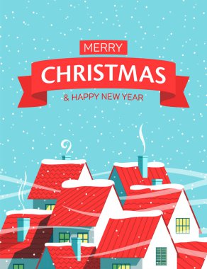 Karlı bir zemin üzerinde kırmızı çatıları olan küçük evler ve Noel mesajları olan bir kartpostal..