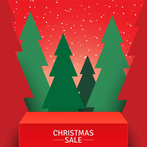 Palcoscenico rosso in piedi su sfondo verde foresta. Promozionale vettore sfondo di Natale. — Vettoriale Stock