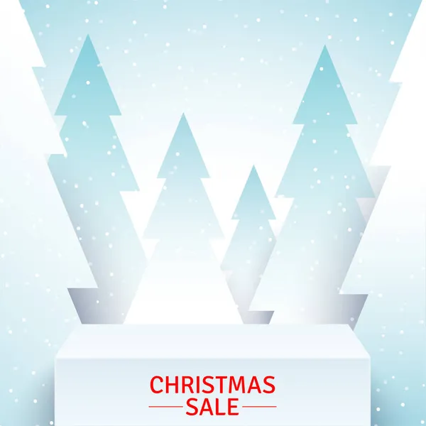 Palcoscenico bianco in piedi su sfondo foresta innevata. Promozionale vettore sfondo di Natale. — Vettoriale Stock