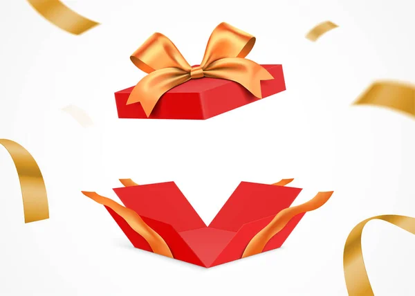 Robbanó piros ajándék doboz arany szalaggal, elszigetelt fehér háttér. — Stock Vector