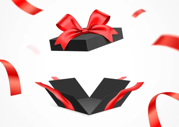 Explodierte schwarze Geschenkschachtel mit rotem Band, isoliert auf weißem Hintergrund. — Stockvektor