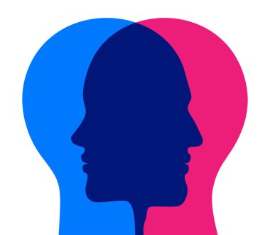 Üst üste binen erkek ve kadın başları birbirine bakıyor. Cinsel İlişkiler kavramı çizimi.