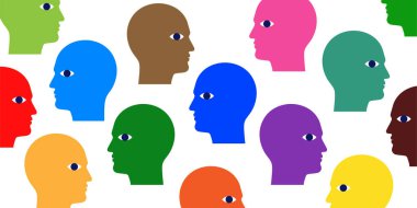 Toplum yapısı konsept vektör illüstrasyonu. Renkli erkek kafaları beyaz arka plana saçılmış..