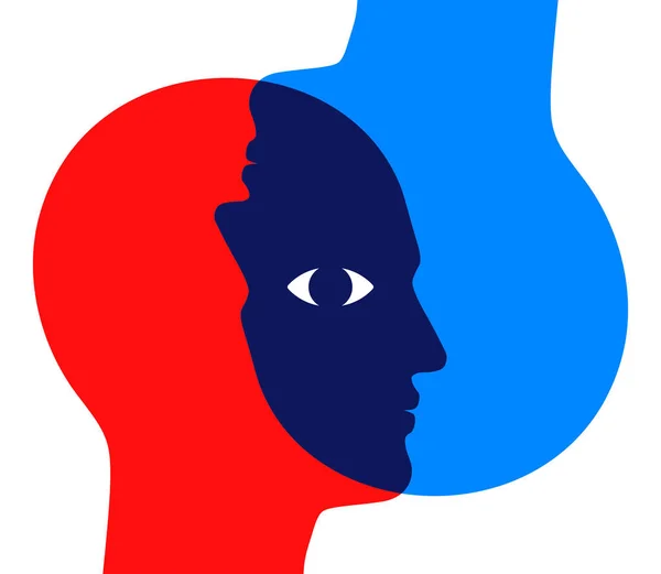 Concept illustratie van twee overlappende mannen hoofden, kijkend door elkaar, met één gedeeld oog. — Stockvector