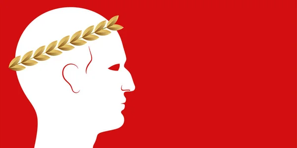 Bandera vectorial de un líder o ganador con corona de laurel dorado en una cabeza, sobre un fondo rojo. — Archivo Imágenes Vectoriales