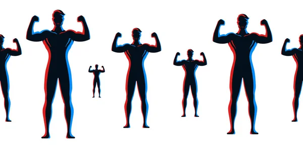 Bodybuilders standing and posing with arms up. Strong, athletic men horizontal vector background. — Wektor stockowy