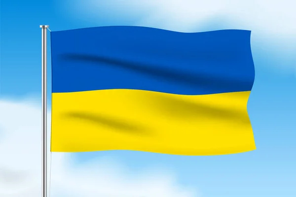 Ukrajna zászlója lobogott a kék ég hátterében. Wavy Ukrajna zászló vektor banner — Stock Vector