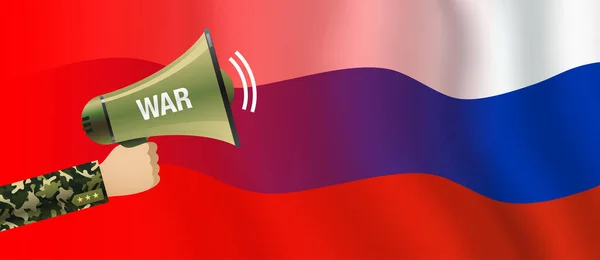 Rus bayrağında savaş işareti olan megafon tutan askerler.. — Stok Vektör