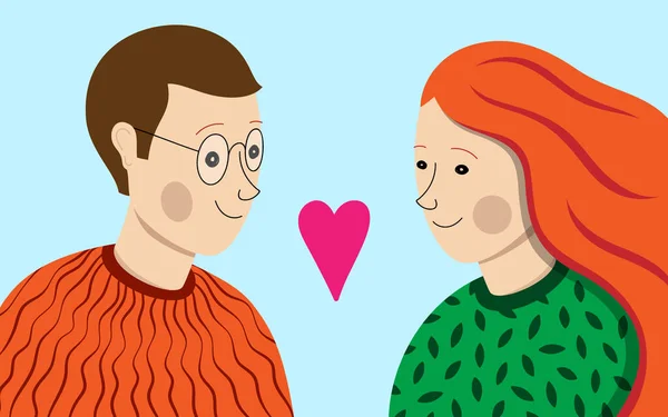 ロマンチックなカップル漫画のベクトルイラスト。笑顔の男と女がお互いを見て — ストックベクタ