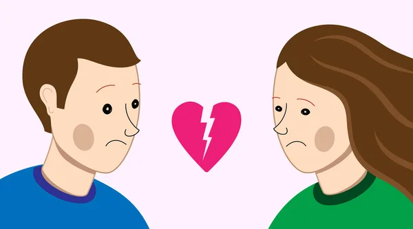 Relaciones rotas concepto vector ilustración. Pareja de dibujos animados con caras tristes mirando el corazón roto — Vector de stock