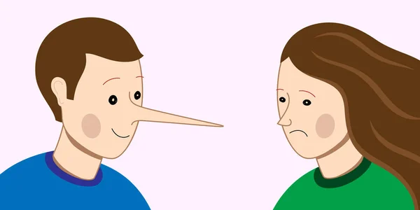 Lögnare med lång näsa, otrogen mot partnerkvinnan. Oärliga relationer begrepp vektor illustration — Stock vektor
