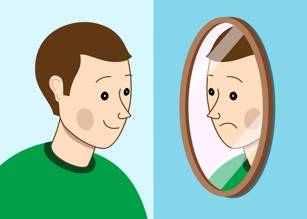 Un hombre sonriente mirando su triste rostro reflejado en el espejo. Ansiedad concepto vector ilustración — Archivo Imágenes Vectoriales