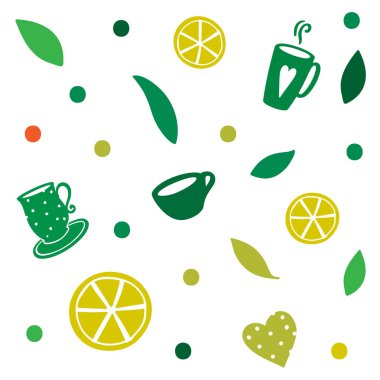 Yeşil çay desenli, çay yaprakları, çay fincanları ve limonlu kusursuz vektör çizimi.