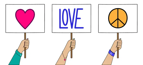 Demonstranten halten Transparente mit Herz, Liebe und Friedenszeichen in der Hand. Vektor-Reihe von Protestplakaten — Stockvektor