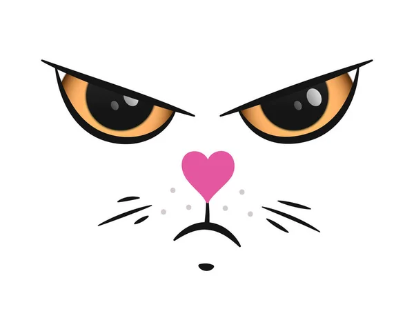 Drôle de visage de chat en colère avec un nez rose coeur, portrait vectoriel de style doodle — Image vectorielle