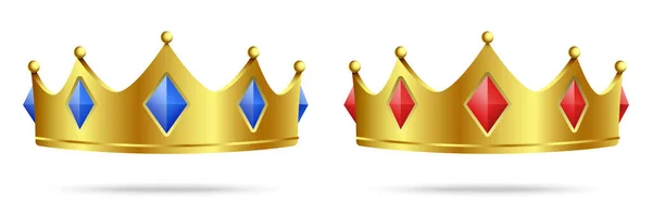 Conjunto vectorial de coronas doradas con piedras azules y rojas, aisladas sobre fondo blanco — Vector de stock
