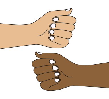 Beyaz ve siyah adamların yumrukları arka planda izole. İnsan el vektörü çizimi