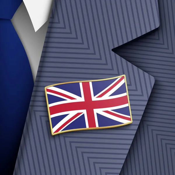 Funcionario británico vestido con un traje azul, corbata, y la bandera del Reino Unido alfiler de solapa dorada, ilustración vectorial. — Vector de stock