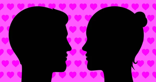 Romantik çift vektör çizimi. Kadın ve erkek pembe kalplerle birbirlerine bakıyorlar. — Stok Vektör