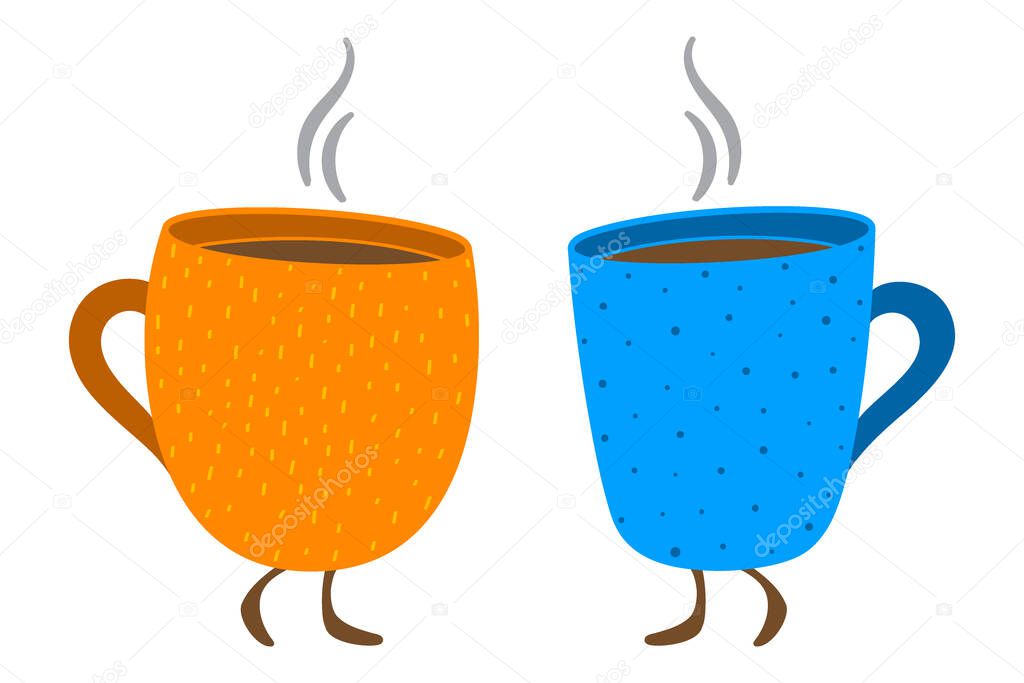 Two orange and blue walking mugs filled with hot coffee or tea, funny cartoon vector illustration.