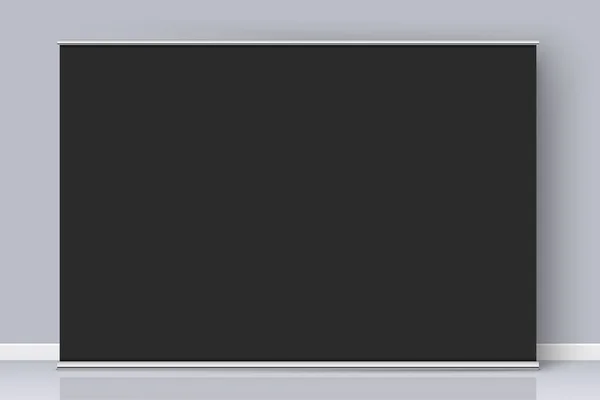 Černý rollup banner stojí realistický vektorový mockup, stojí na šedém pozadí stěny. — Stockový vektor
