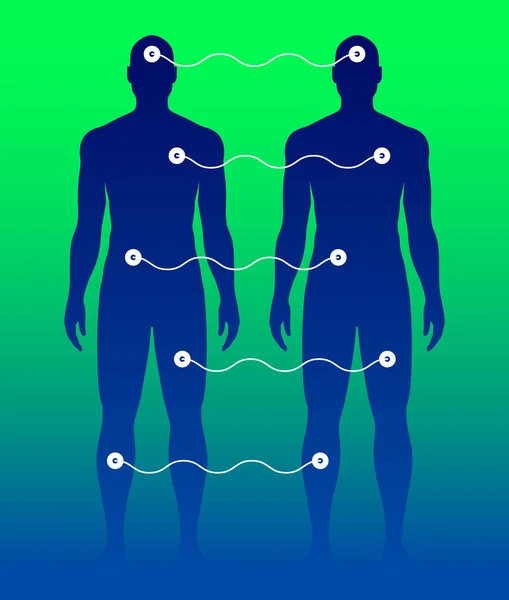 2 identical men connected with cables. Human cloning or scientific concept vector illustration — Stock Vector
