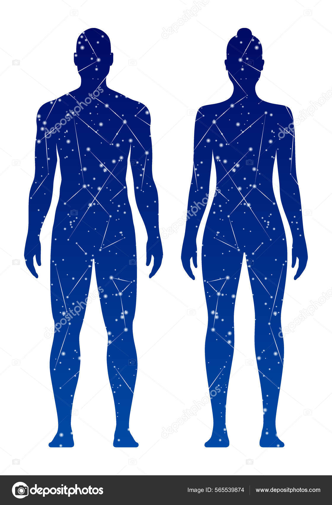 Man and woman silhouettes with galaxy, space, or stars inside the body,  vector illustration. imagem vetorial de topicha© 565539874