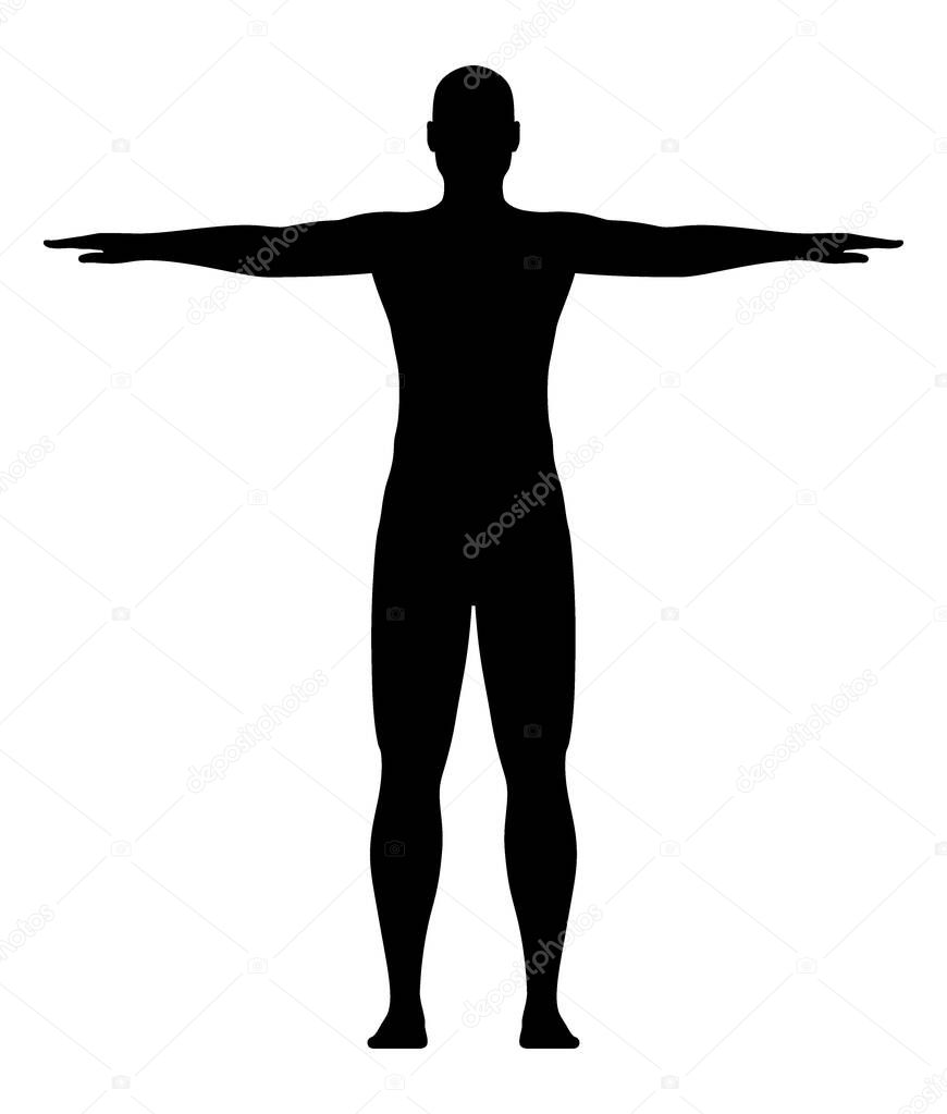 Athletic man training with outstretched hands pose, silhouette vector illustration