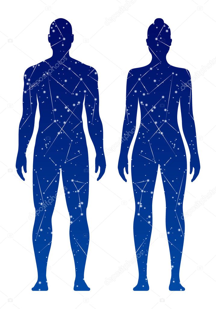 Man and woman silhouettes with galaxy, space, or stars inside the body, vector illustration.