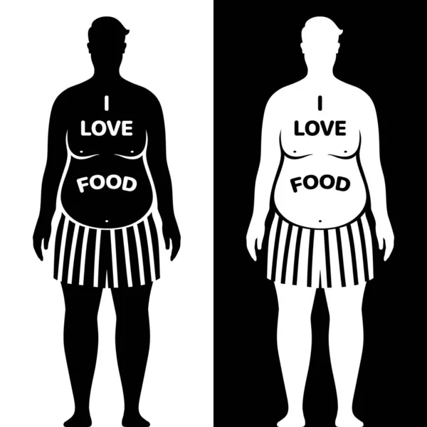Tłuszcz zabawny człowiek z I LOVE FOOD slogan, czarny charakter wektor sylwetki, izolowany na tle. — Wektor stockowy