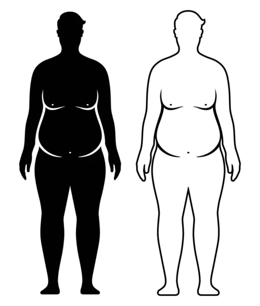 Vector set of overweight man black silhouette and outline. Fat male body isolated on background — стоковый вектор