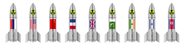 Bombas atômicas com bandeiras de estados nucleares, ilustração vetorial, isoladas em fundo branco —  Vetores de Stock