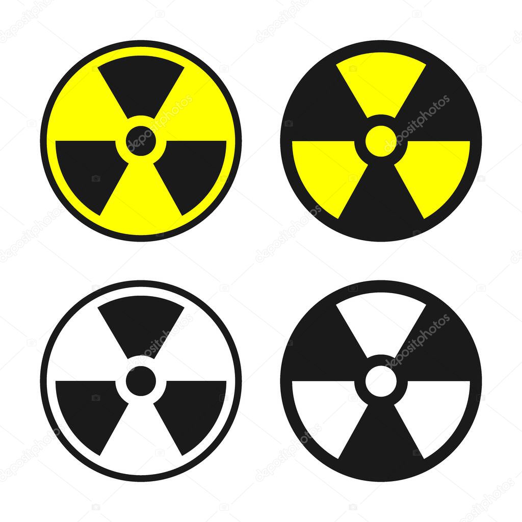 Radioactive warning sign vector set. Circle shape black and yellow radioactivity symbol.