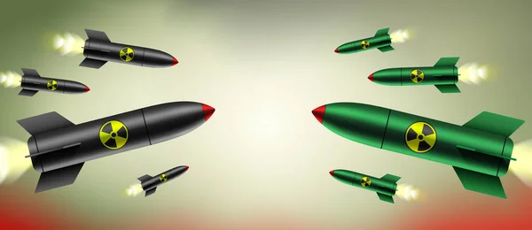 Nuclear conflict vector illustration, with black and green atomic bombs flying to each other. — Stok Vektör