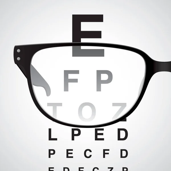 Looking through black glasses at an eye test chart, realistic vector illustration — Stock Vector