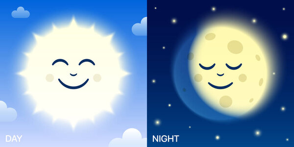 Day and night cartoon vector illustration with smiling sun and sleeping moon funny characters