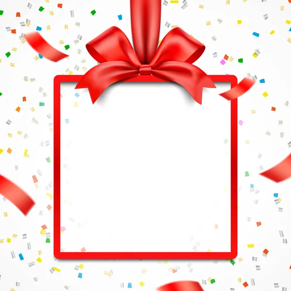 Червона рамка подарункової коробки з атласною стрічкою та вибуховою конфітті, векторний дизайн подарункової картки — стоковий вектор