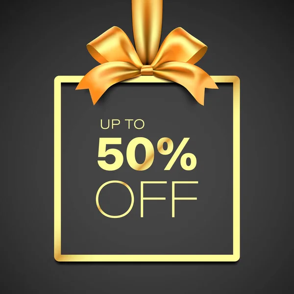 50 percent discount luxury vector gift card design. Golden giftbox with ribbon on black background. — Stockvektor