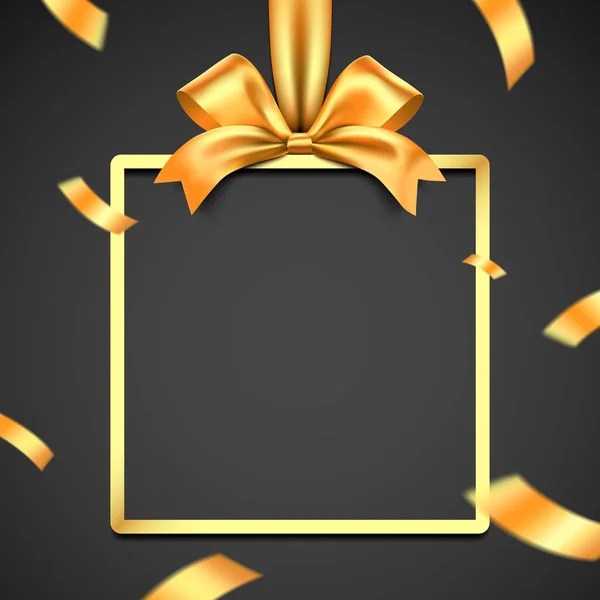 Золотая рамка подарочной коробки с лентой и конфетти на черном фоне. Дизайн векторной карты класса люкс — стоковый вектор