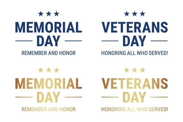 Memorial e Veteranos Dia saudação vetor de texto definido, em cores douradas e azuis, isolado em branco — Vetor de Stock